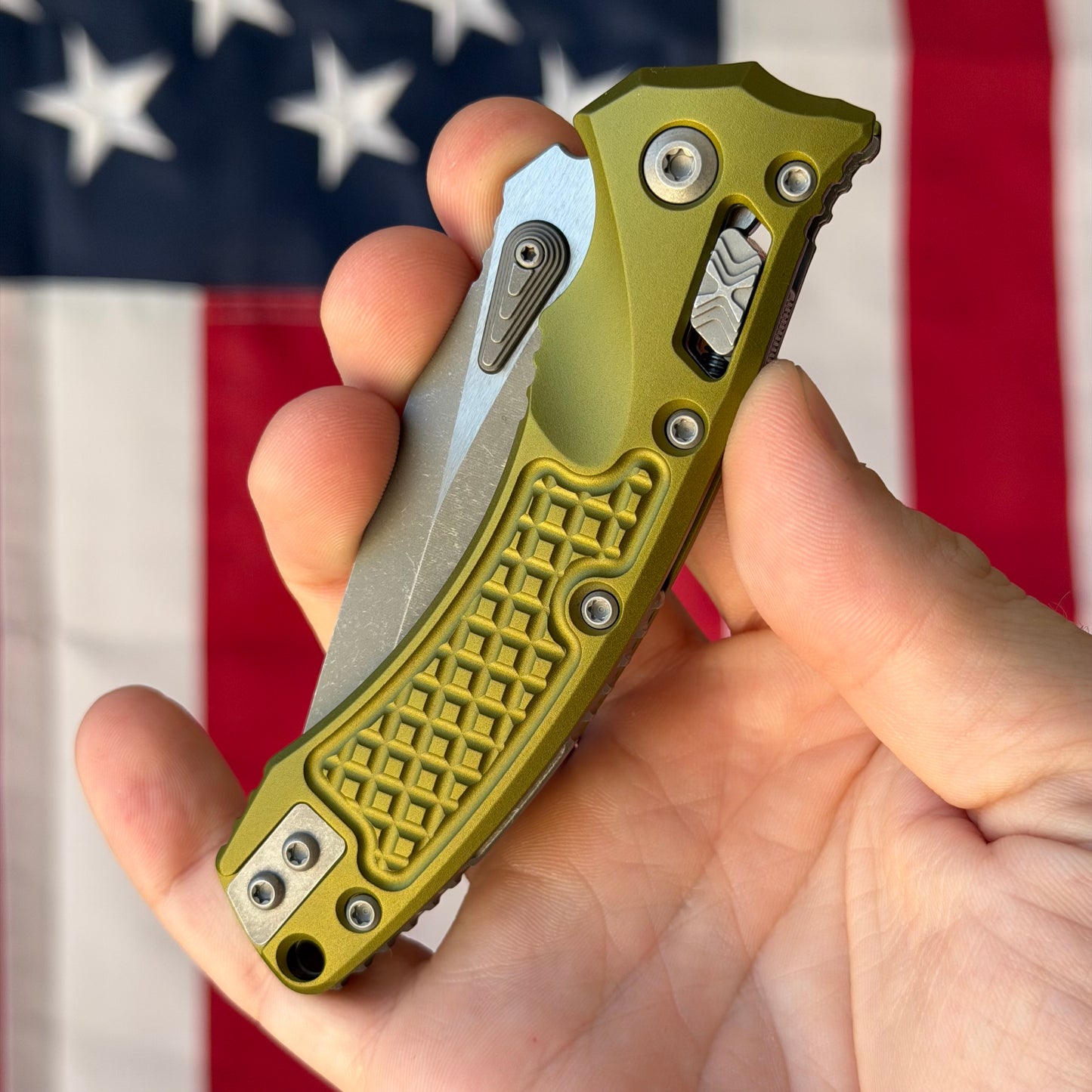 Microtech Amphibian Mini Ram-Lok 3.25" – OD Green Frag Aluminum, M390MK Apocalyptic – Made in USA (137MRL-10APFROD)