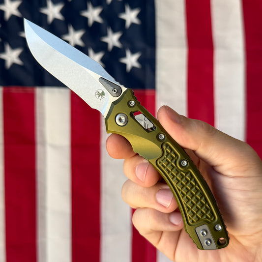 Microtech Amphibian Mini Ram-Lok 3.25" – OD Green Frag Aluminum, M390MK Stonewash – Made in USA (137MRL-10FROD)