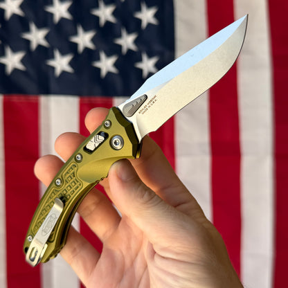 Microtech Amphibian Mini Ram-Lok 3.25" – OD Green Frag Aluminum, M390MK Stonewash – Made in USA (137MRL-10FROD)