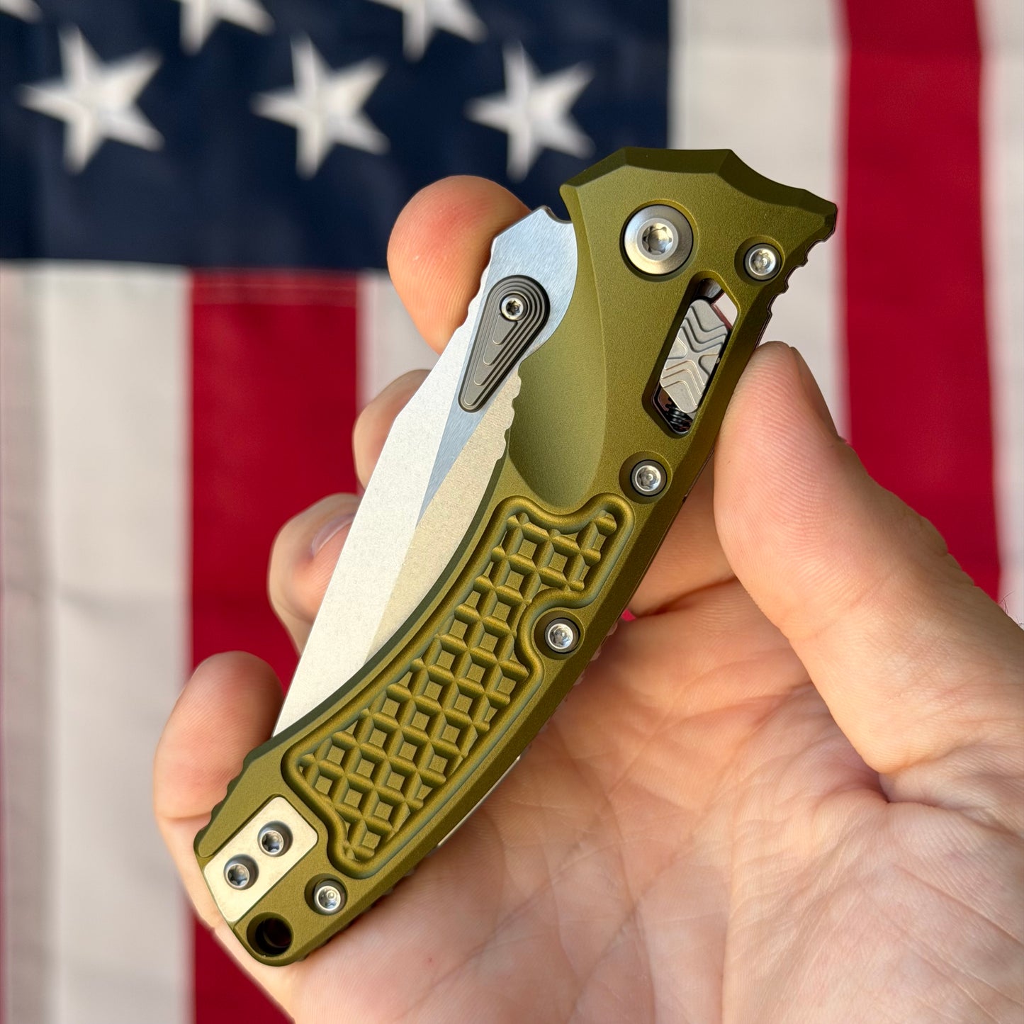 Microtech Amphibian Mini Ram-Lok 3.25" – OD Green Frag Aluminum, M390MK Stonewash – Made in USA (137MRL-10FROD)