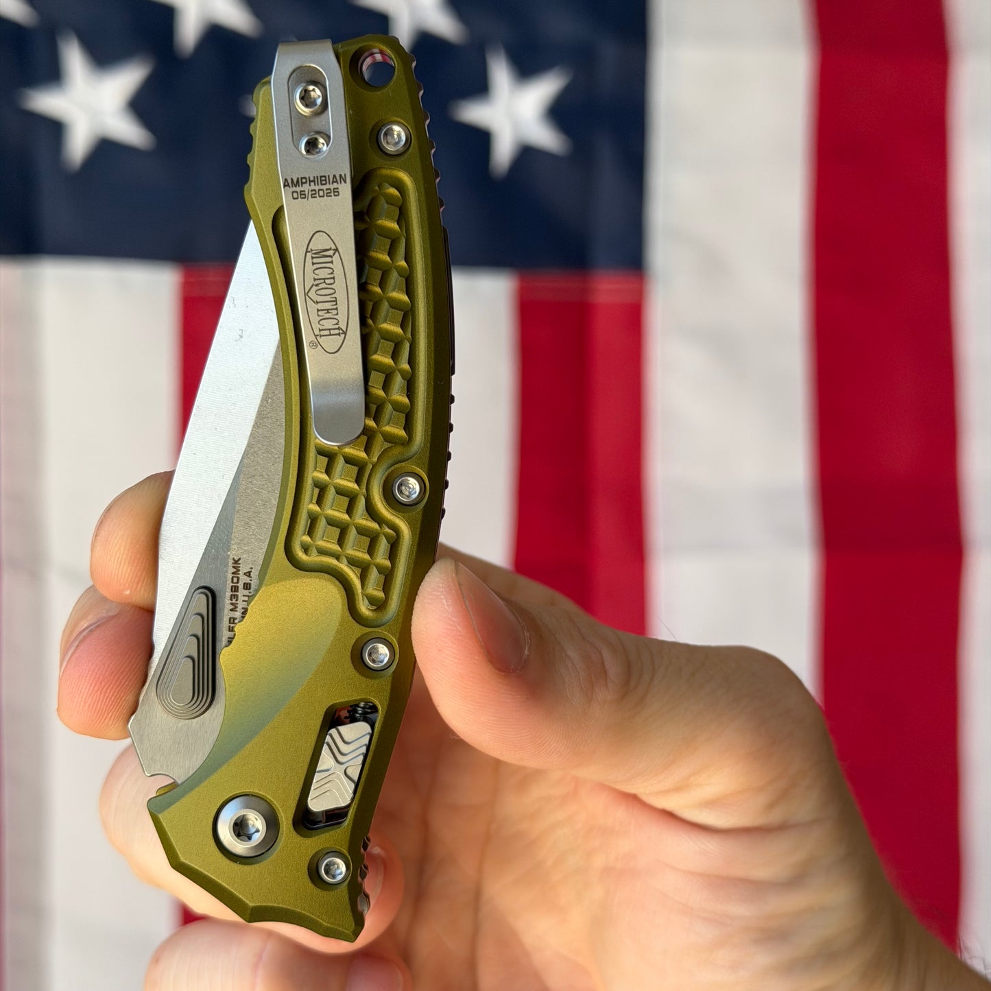 Microtech Amphibian Mini Ram-Lok 3.25" – OD Green Frag Aluminum, M390MK Stonewash – Made in USA (137MRL-10FROD)
