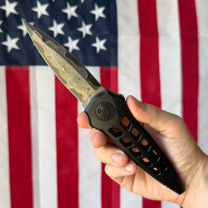 Asheville Steel Warlock Enchanter 3.80" – Baker Forge Raindrop Gomai Damascus, Black Skeletonized 6061 Aluminum, Ti Clip – Made in USA (WL-TEN-B-BFD)