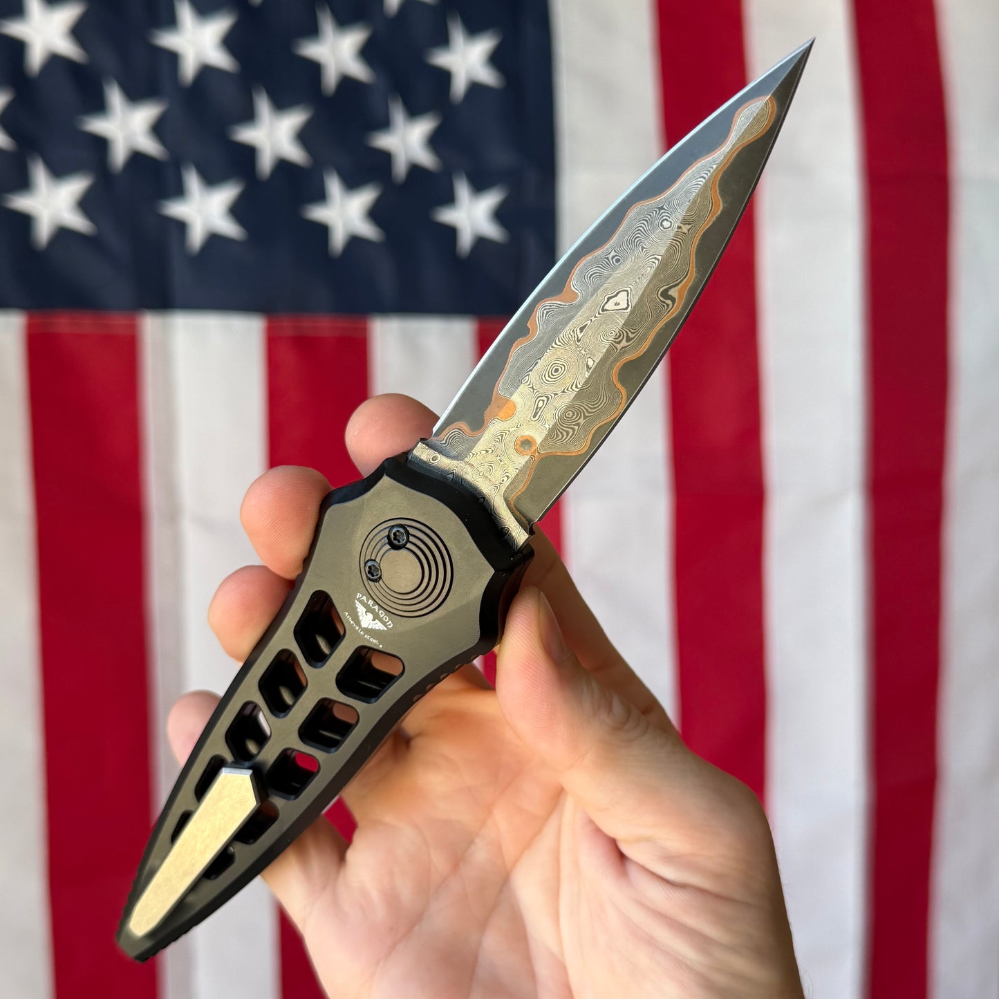 Asheville Steel Warlock Enchanter 3.80" – Baker Forge Raindrop Gomai Damascus, Black Skeletonized 6061 Aluminum, Ti Clip – Made in USA (WL-TEN-B-BFD)