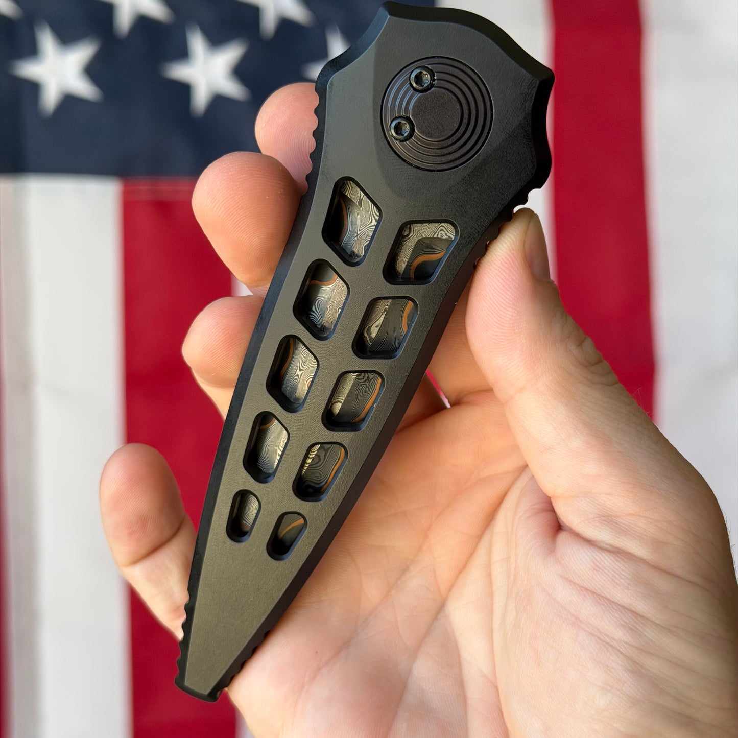 Asheville Steel Warlock Enchanter 3.80" – Baker Forge Raindrop Gomai Damascus, Black Skeletonized 6061 Aluminum, Ti Clip – Made in USA (WL-TEN-B-BFD)