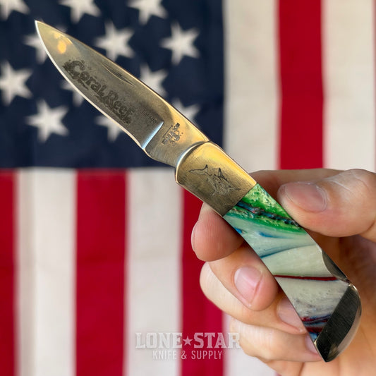 The Back Door: Bear & Son Lockback - Coral Reef Resin, 2.5" Stonewash Drop Point, Serial 1 of 600 - Made in USA (961CR) (Trade In)