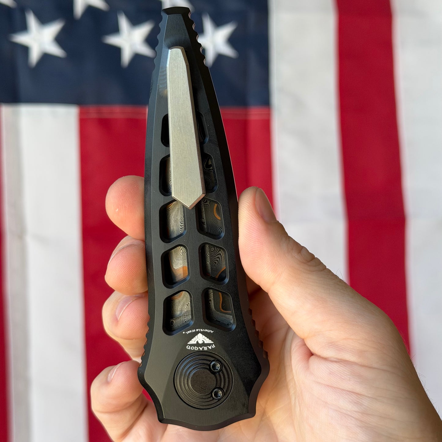 Asheville Steel Warlock Enchanter 3.80" – Baker Forge Raindrop Gomai Damascus, Black Skeletonized 6061 Aluminum, Ti Clip – Made in USA (WL-TEN-B-BFD)
