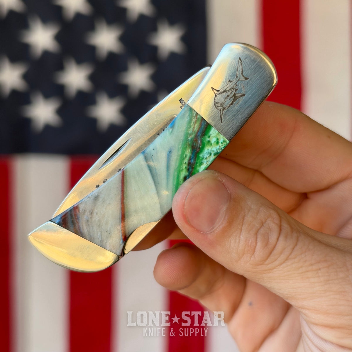 The Back Door: Bear & Son Lockback - Coral Reef Resin, 2.5" Stonewash Drop Point, Serial 1 of 600 - Made in USA (961CR) (Trade In)