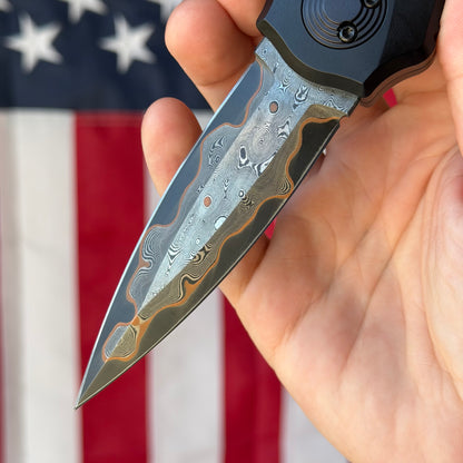Asheville Steel Warlock Enchanter 3.80" – Baker Forge Raindrop Gomai Damascus, Black Skeletonized 6061 Aluminum, Ti Clip – Made in USA (WL-TEN-B-BFD)