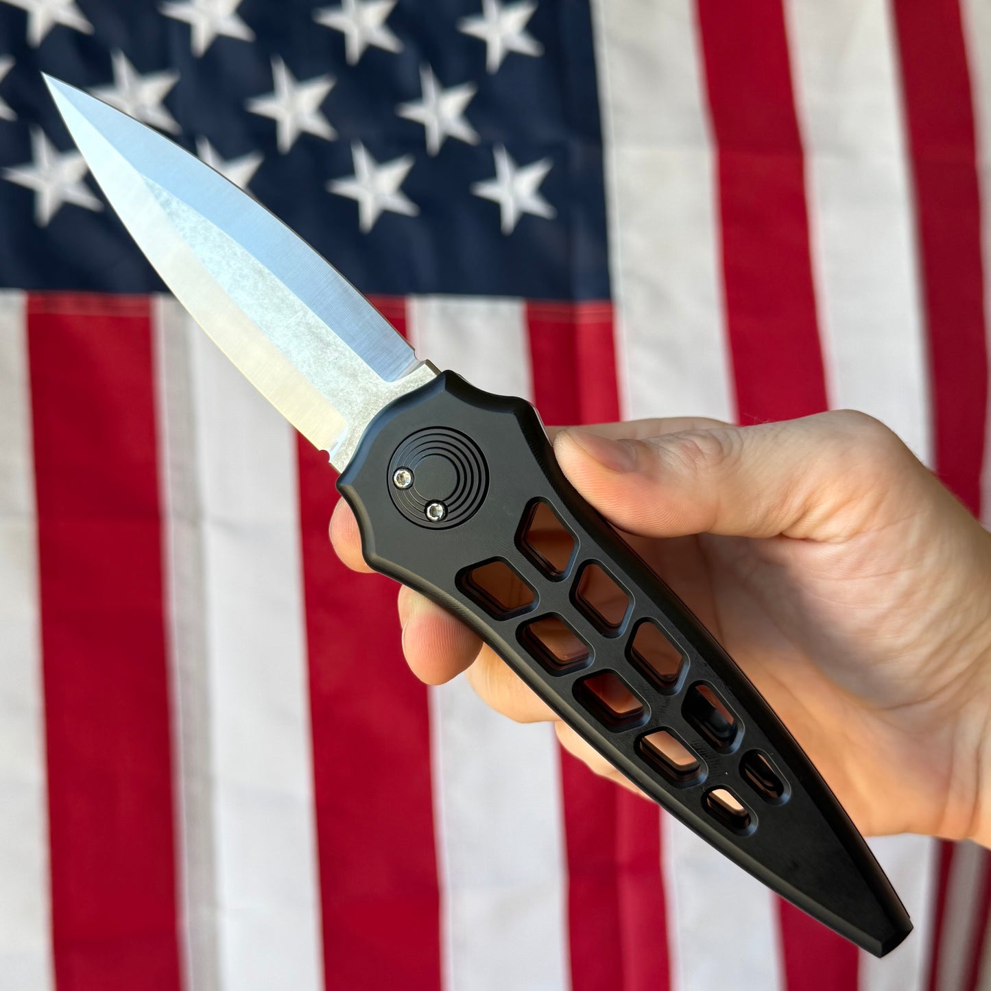 Asheville Steel Enchanter Series 3.80" – S35VN Double-Edge Dagger Flat Grind Satin, Black Skeletonized 6061 Aluminum, Ti Clip – Made in USA (ENCHA-B-FG-S)