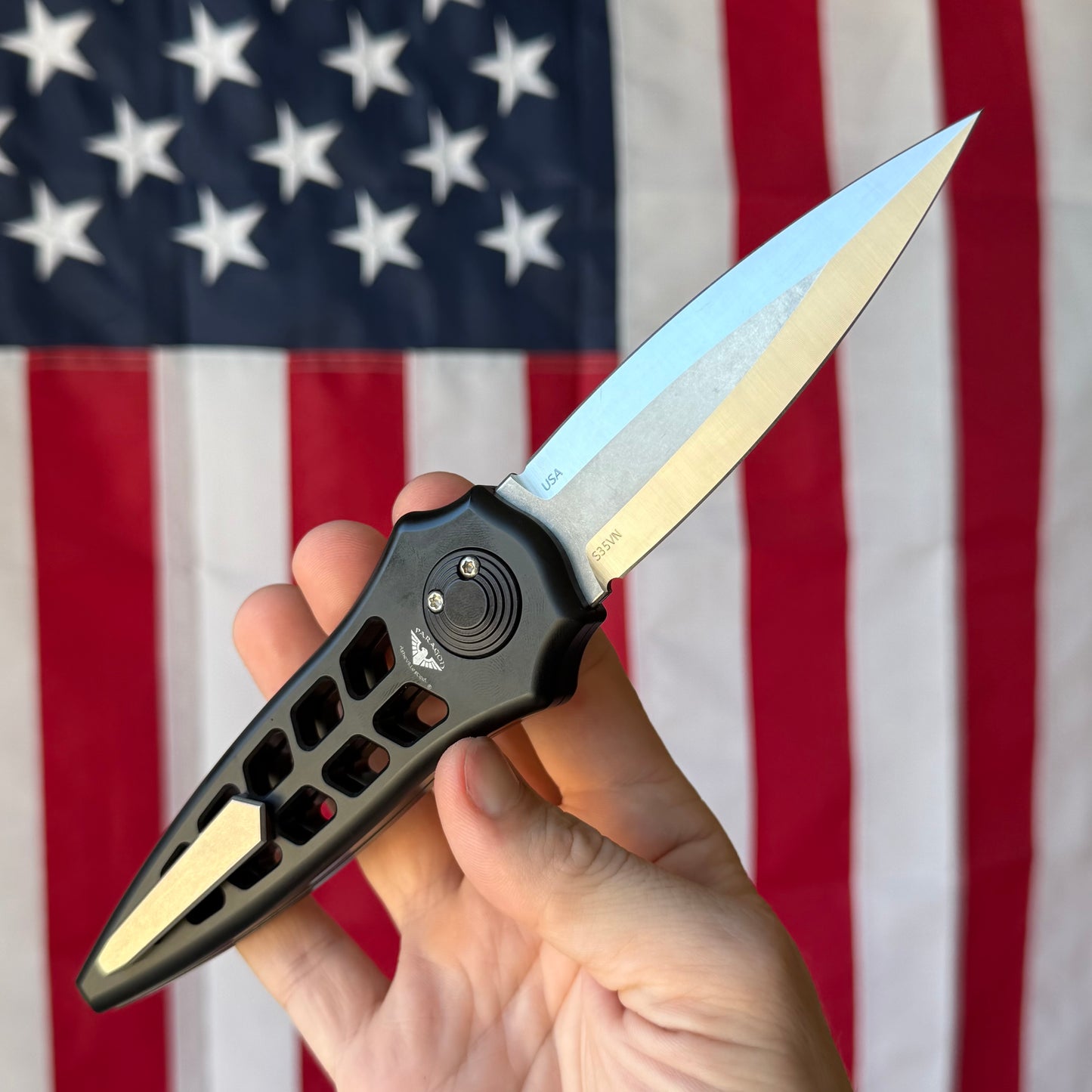 Asheville Steel Enchanter Series 3.80" – S35VN Double-Edge Dagger Flat Grind Satin, Black Skeletonized 6061 Aluminum, Ti Clip – Made in USA (ENCHA-B-FG-S)