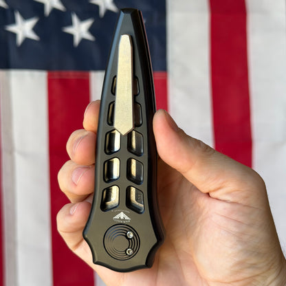 Asheville Steel Enchanter Series 3.80" – S35VN Double-Edge Dagger Flat Grind Satin, Black Skeletonized 6061 Aluminum, Ti Clip – Made in USA (ENCHA-B-FG-S)