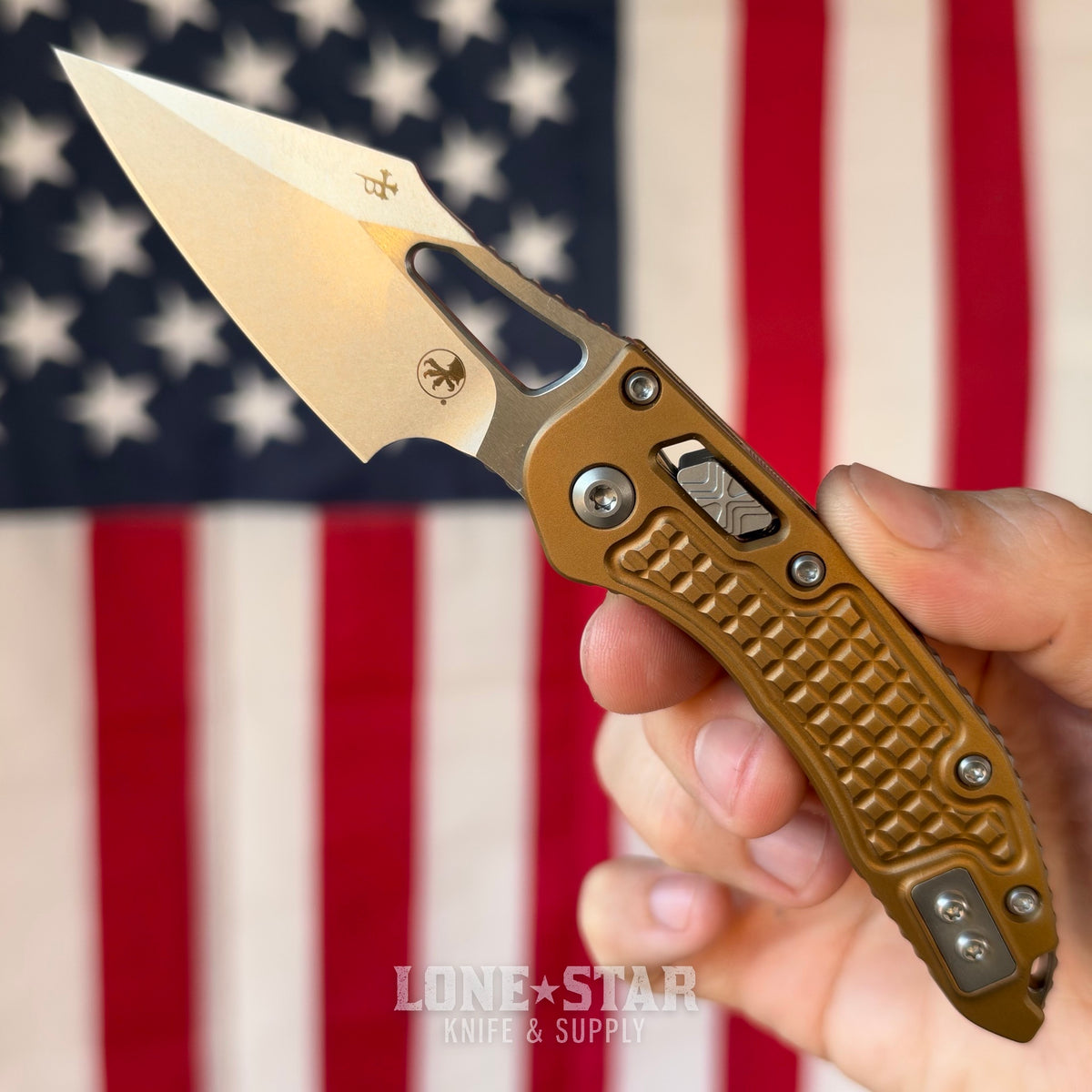 The Back Door: Microtech M-Stitch Ram-Lok 3.05" Manual - Tan Frag Aluminum, M390MK Stonewash - Made in USA (169MRL-10FRTA) (Trade In)