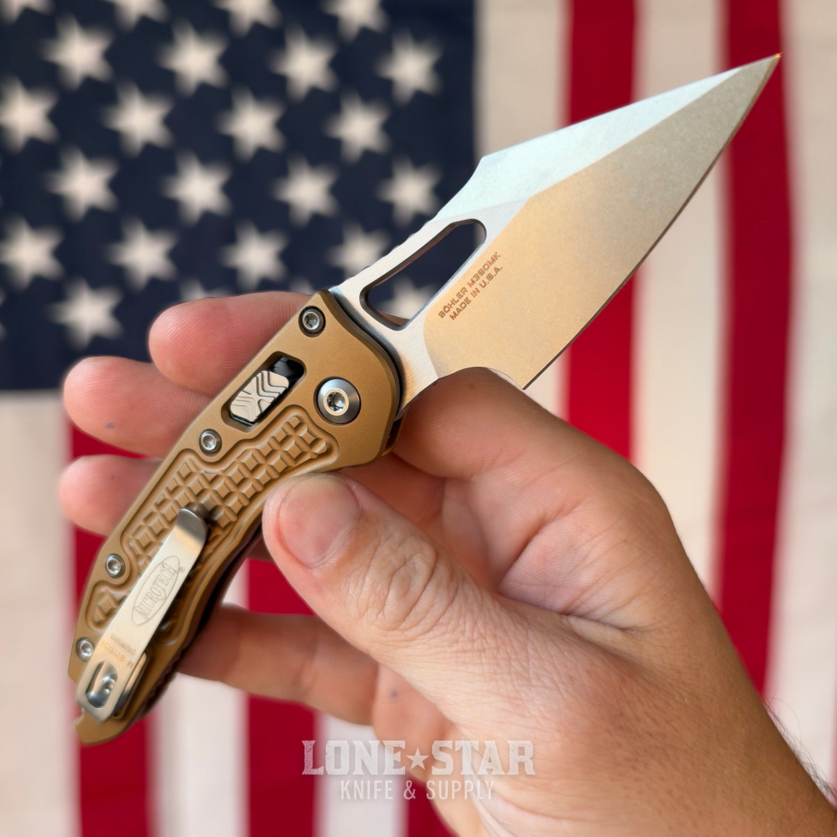 The Back Door: Microtech M-Stitch Ram-Lok 3.05" Manual - Tan Frag Aluminum, M390MK Stonewash - Made in USA (169MRL-10FRTA) (Trade In)