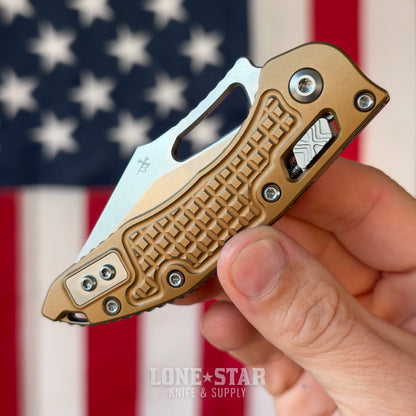 The Back Door: Microtech M-Stitch Ram-Lok 3.05" Manual - Tan Frag Aluminum, M390MK Stonewash - Made in USA (169MRL-10FRTA) (Trade In)