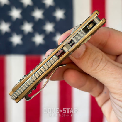 The Back Door: Microtech M-Stitch Ram-Lok 3.05" Manual - Tan Frag Aluminum, M390MK Stonewash - Made in USA (169MRL-10FRTA) (Trade In)