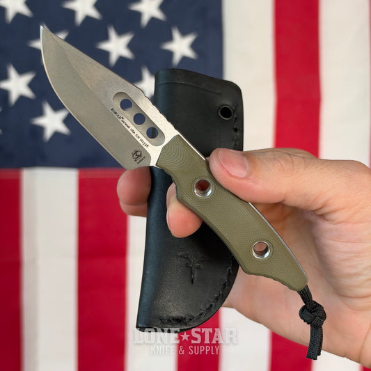 The Back Door: Heretic Kobold Bowie Fixed Blade - Battleworn MagnaCut, OD Green G10, Serial 338 - Made in USA (H065-5A-OD-G10) (Trade In)