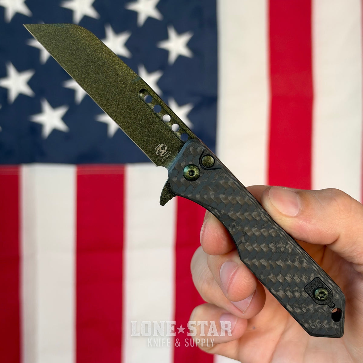The Back Door: Heretic Jinn Manual - Metallic Green Carbon Fiber, MagnaCut Wharncliffe, Serial 055 - Made in USA (H213-MG-CF) (Trade In)