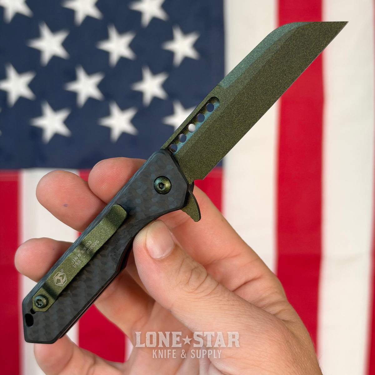 The Back Door: Heretic Jinn Manual - Metallic Green Carbon Fiber, MagnaCut Wharncliffe, Serial 055 - Made in USA (H213-MG-CF) (Trade In)