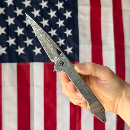417 CNC Acer 3.72" Frame Lock – Stainless Damascus 57.4 HRC, Stonewash Ti, Lightning Clip – Piece #69 – Made in USA