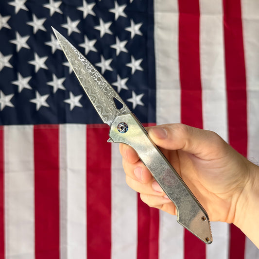 417 CNC Acer 3.72" Frame Lock – Stainless Damascus 57.4 HRC, Stonewash Ti, Lightning Clip – Piece #69 – Made in USA