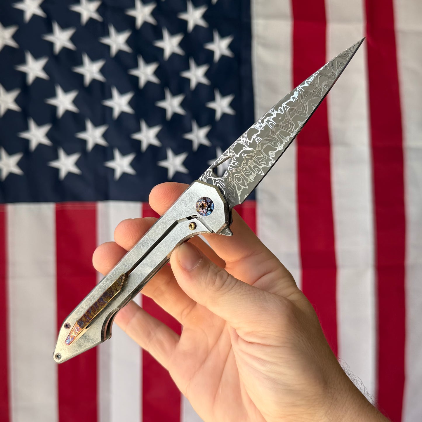 417 CNC Acer 3.72" Frame Lock – Stainless Damascus 57.4 HRC, Stonewash Ti, Lightning Clip – Piece #69 – Made in USA