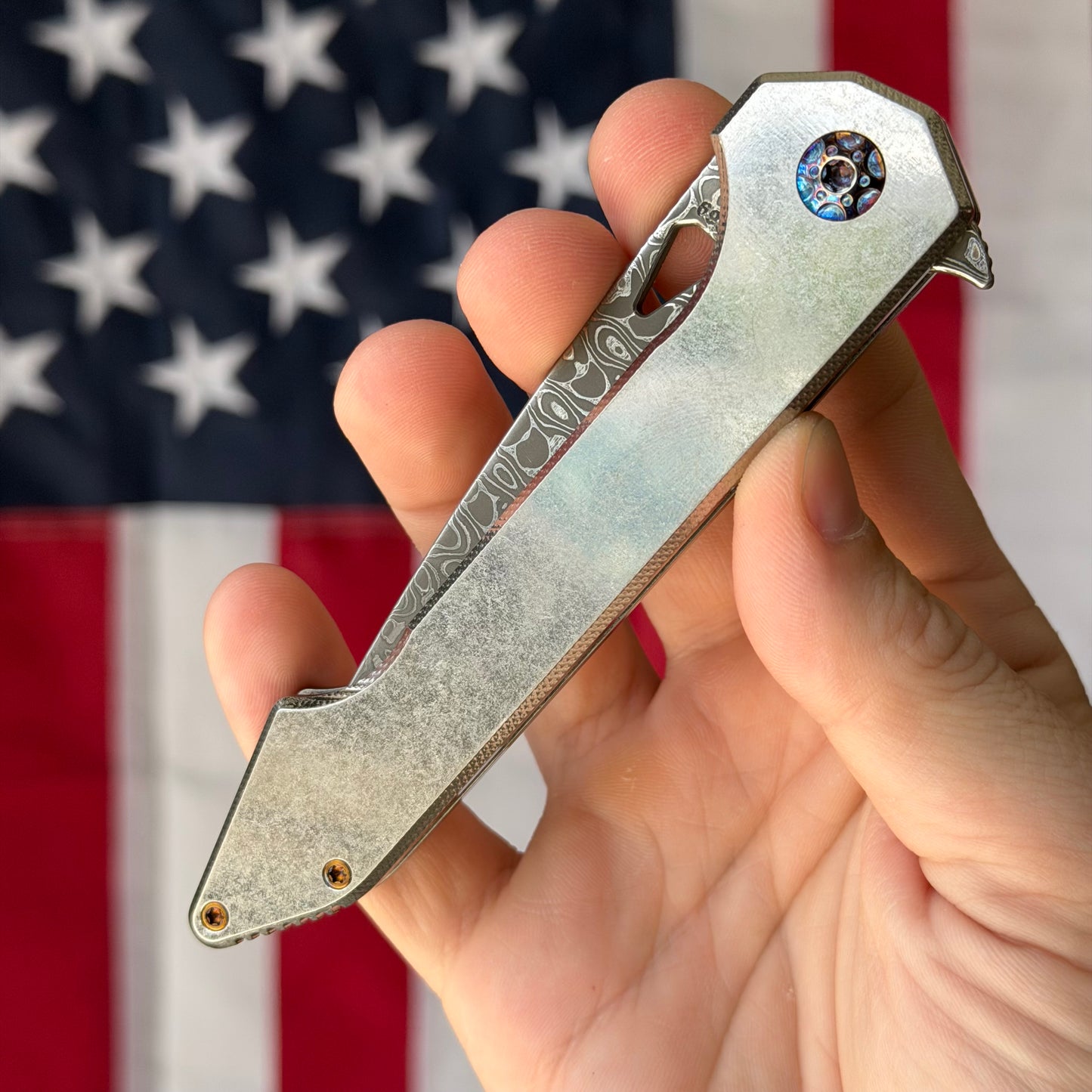 417 CNC Acer 3.72" Frame Lock – Stainless Damascus 57.4 HRC, Stonewash Ti, Lightning Clip – Piece #69 – Made in USA