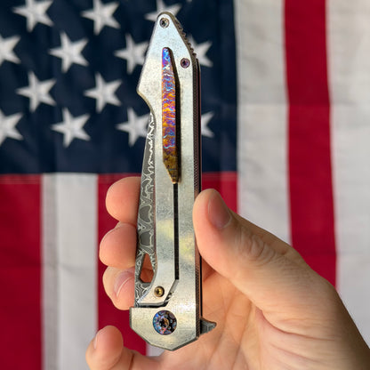 417 CNC Acer 3.72" Frame Lock – Stainless Damascus 57.4 HRC, Stonewash Ti, Lightning Clip – Piece #69 – Made in USA