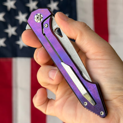 417 CNC Acer 3.72" Frame Lock – CPM-154 61.6 HRC, Purple Anodized Ti, Stonewash Clip – Piece #60 – Made in USA