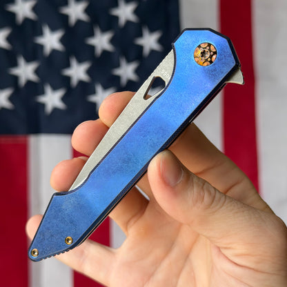 417 CNC Acer 3.72" Frame Lock – CPM-154 61.9 HRC, Blue Anodized Ti, Bronze Clip – Piece #66 – Made in USA