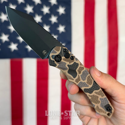 The Back Door: Heretic Mini Pariah Auto Duck Camo, 3.36" MagnaCut Black Clip Point, Glass Packed Polymer Chassis - Made in USA (H054-DC) (Return)