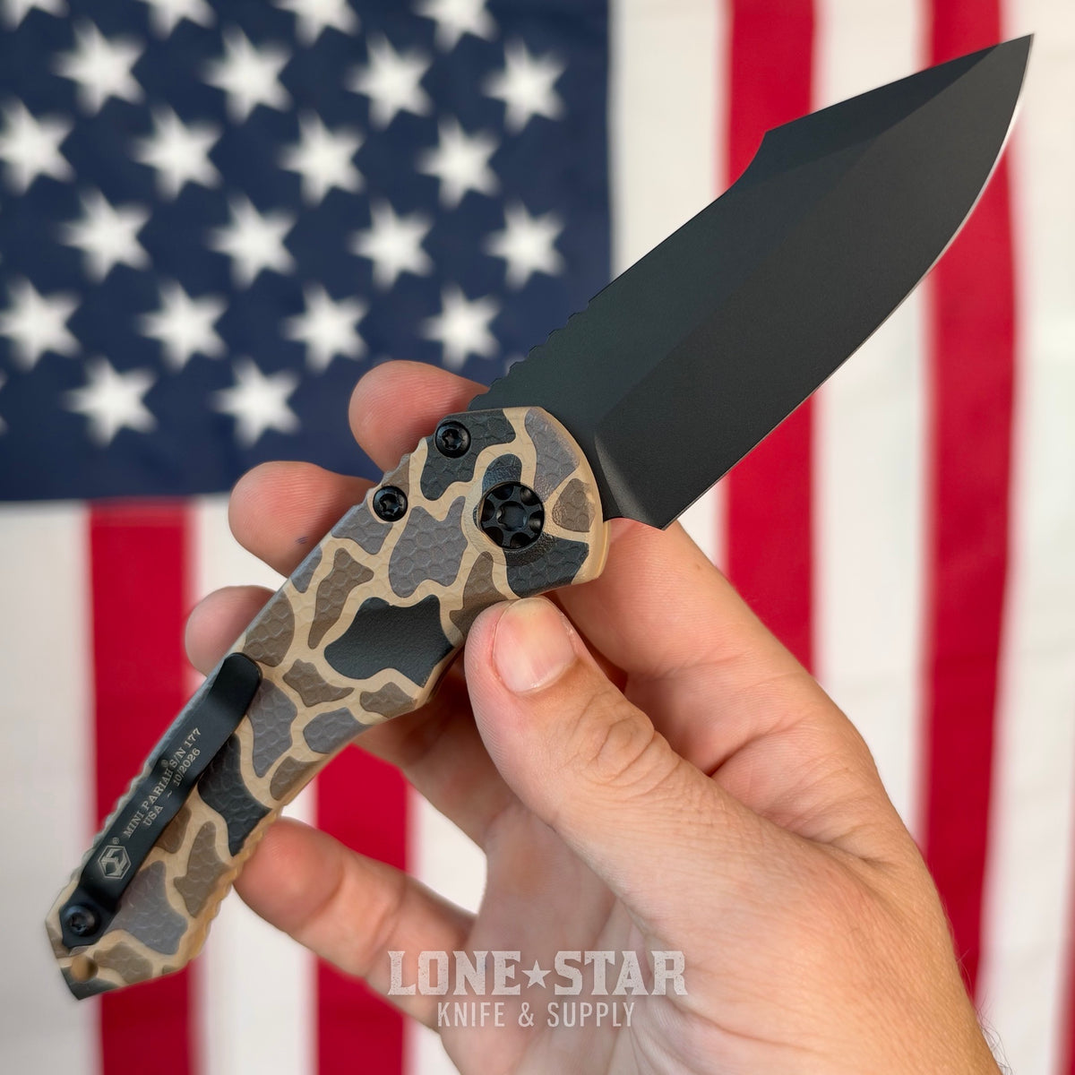 The Back Door: Heretic Mini Pariah Auto Duck Camo, 3.36" MagnaCut Black Clip Point, Glass Packed Polymer Chassis - Made in USA (H054-DC) (Return)