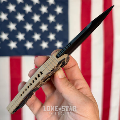 The Back Door: Heretic Mini Pariah Auto Duck Camo, 3.36" MagnaCut Black Clip Point, Glass Packed Polymer Chassis - Made in USA (H054-DC) (Return)