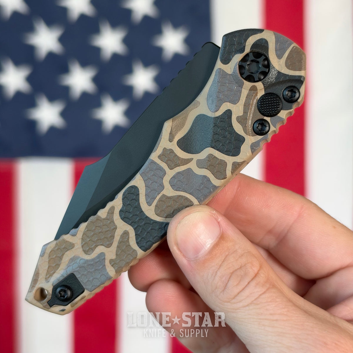 The Back Door: Heretic Mini Pariah Auto Duck Camo, 3.36" MagnaCut Black Clip Point, Glass Packed Polymer Chassis - Made in USA (H054-DC) (Return)