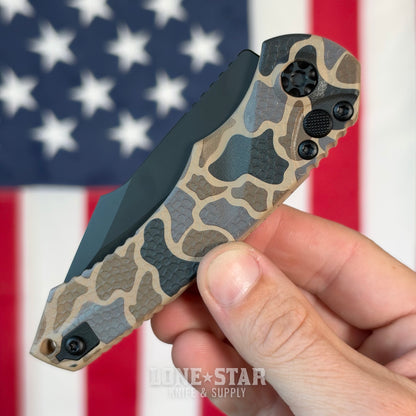 The Back Door: Heretic Mini Pariah Auto Duck Camo, 3.36" MagnaCut Black Clip Point, Glass Packed Polymer Chassis - Made in USA (H054-DC) (Return)
