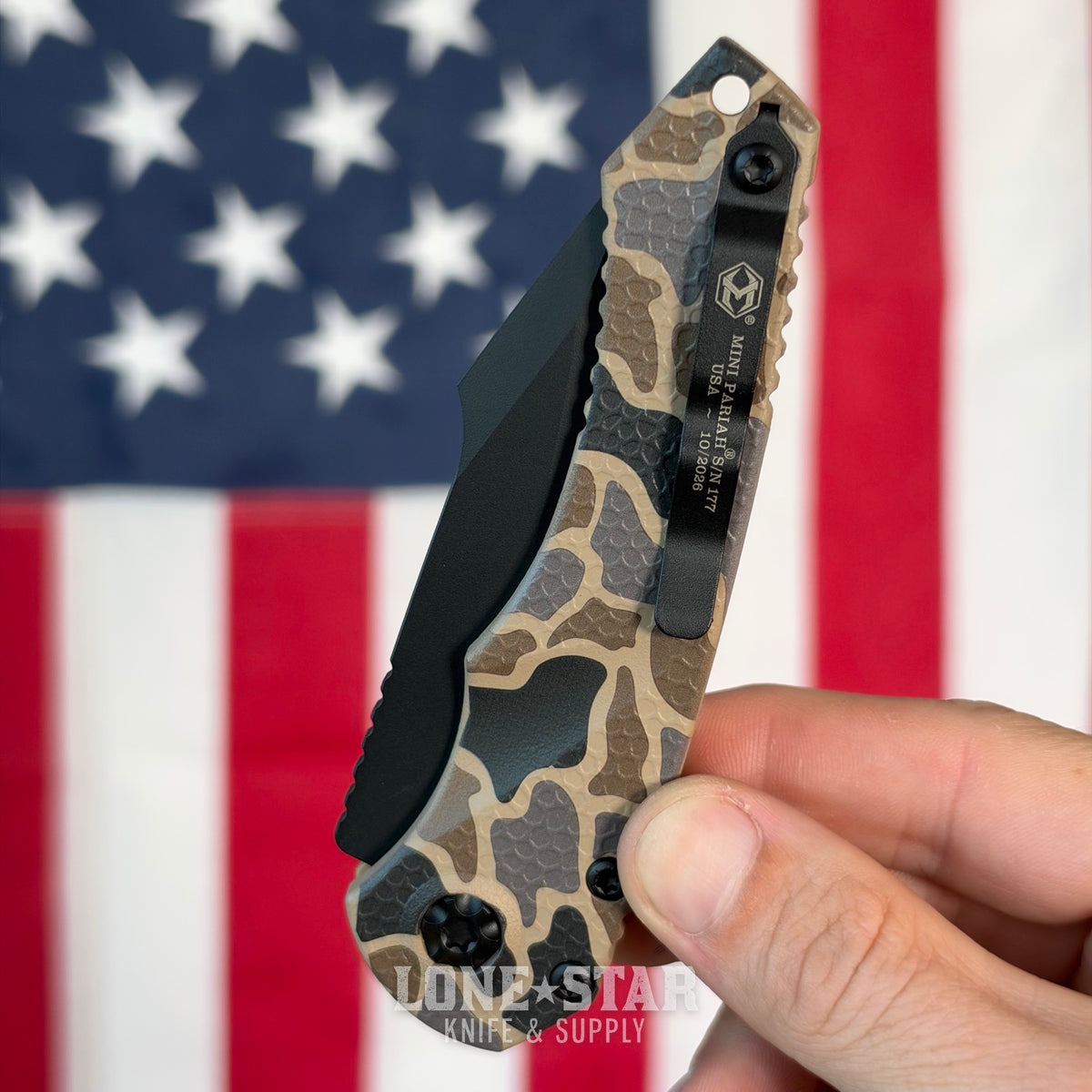 The Back Door: Heretic Mini Pariah Auto Duck Camo, 3.36" MagnaCut Black Clip Point, Glass Packed Polymer Chassis - Made in USA (H054-DC) (Return)