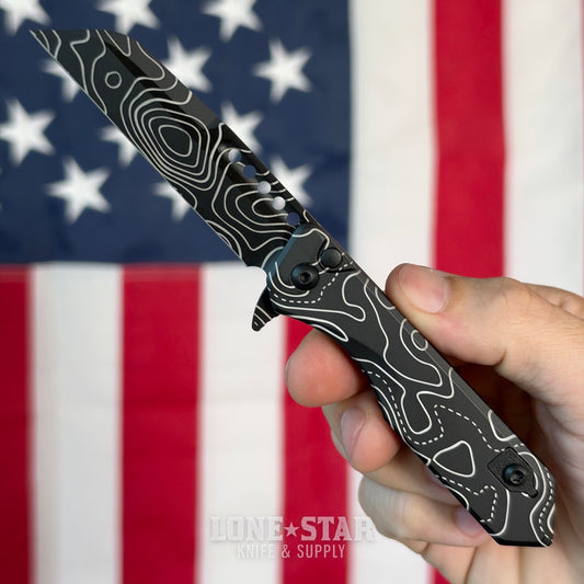 The Back Door: Used - Heretic Jinn Manual H213-TOPO 3.00" Wharncliffe, CPM-MagnaCut DLC, Deep Engraved Topo, Button Lock - Made in USA