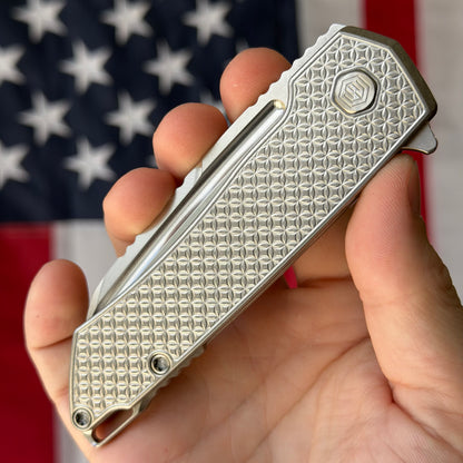 MachineWise Mojave 3.45" Frame Lock – Natural Raw Titanium, Stars Pattern, S90V 61.5 HRC – Serial 1310 – Made in USA