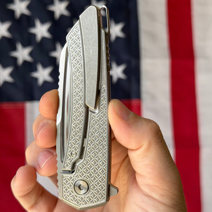 MachineWise Mojave 3.45" Frame Lock – Natural Raw Titanium, Stars Pattern, S90V 61.5 HRC – Serial 1310 – Made in USA