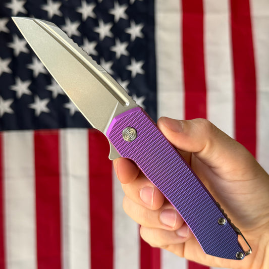 MachineWise Mojave 3.45" Frame Lock – Purple/Blue, Grenade Pattern, S90V 61.9 HRC – Serial 1324 – Made in USA