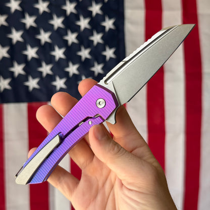 MachineWise Mojave 3.45" Frame Lock – Purple/Blue, Grenade Pattern, S90V 61.9 HRC – Serial 1324 – Made in USA