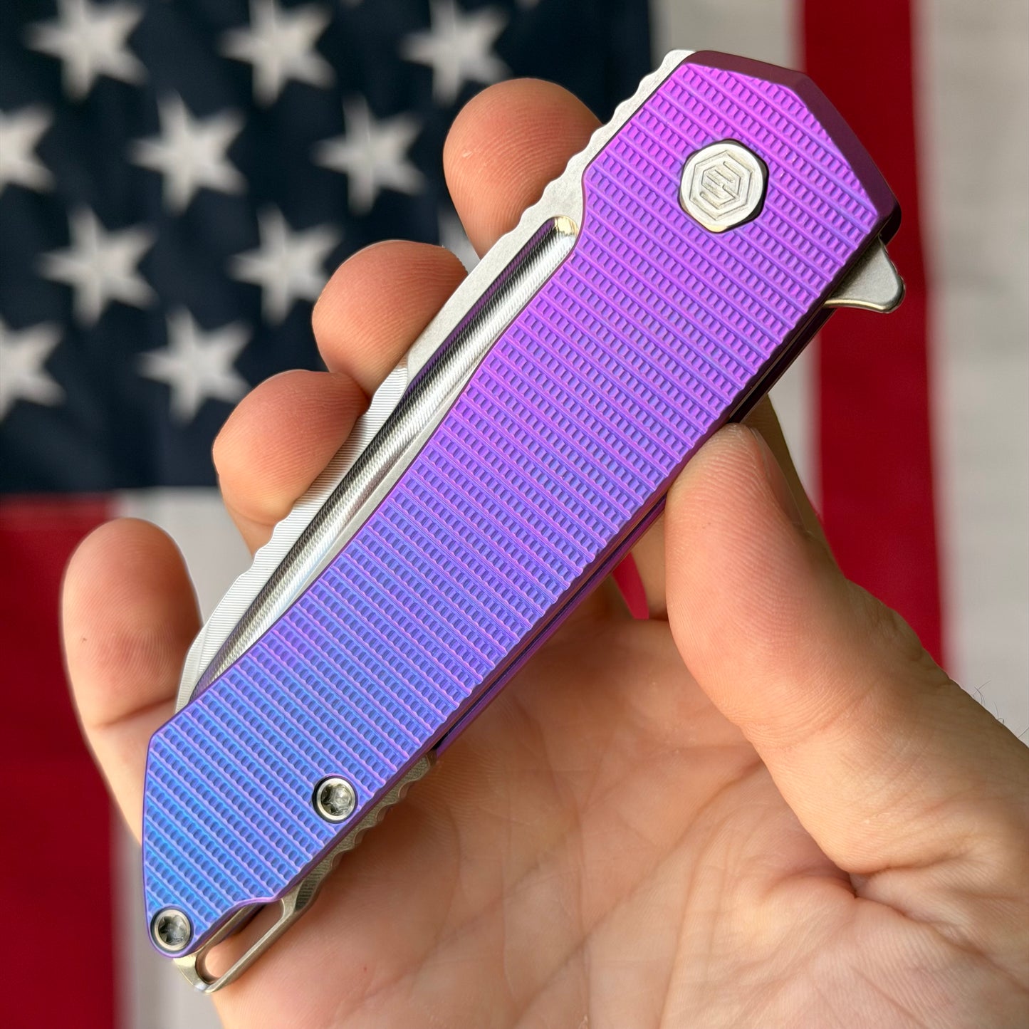 MachineWise Mojave 3.45" Frame Lock – Purple/Blue, Grenade Pattern, S90V 61.9 HRC – Serial 1324 – Made in USA