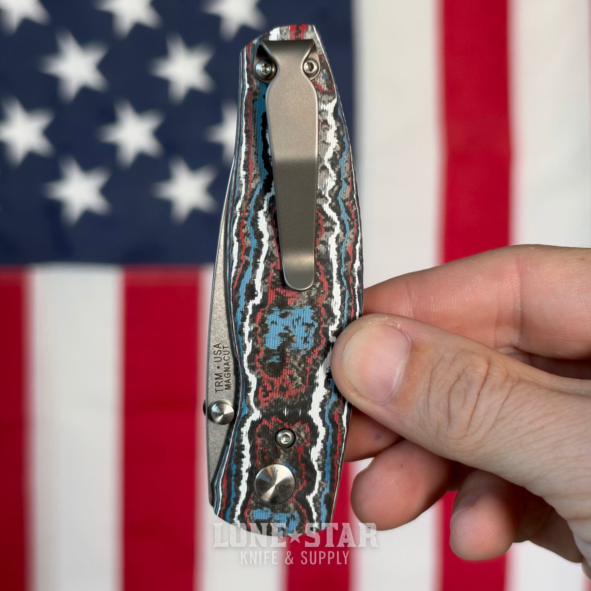 The Back Door: TRM NEUTRON 2 Liner Lock - CPM-MagnaCut, Star Spangled Fat Carbon, Titanium Liners - Made in USA (DLR-N2-CC-3D) (Return)