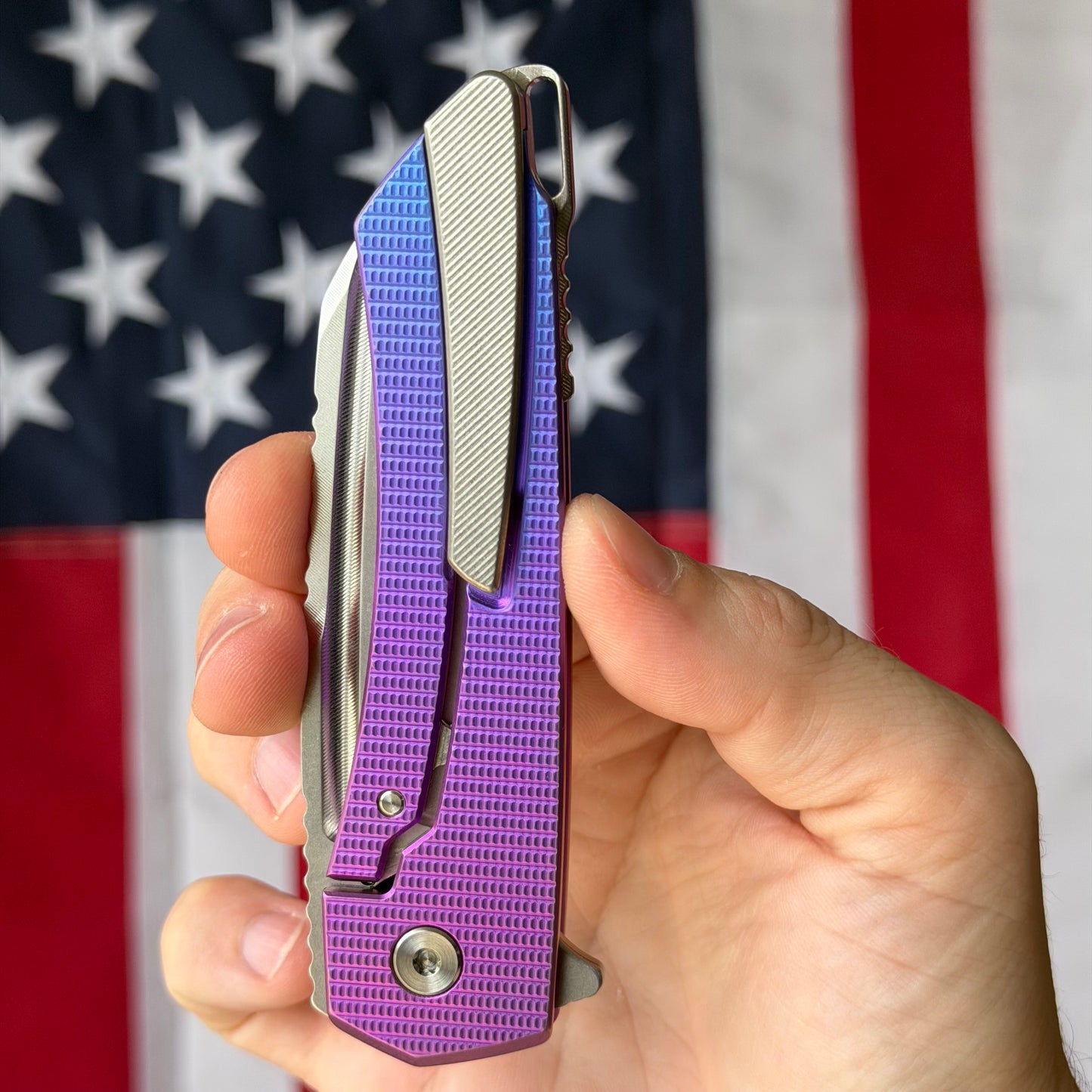MachineWise Mojave 3.45" Frame Lock – Purple/Blue, Grenade Pattern, S90V 61.9 HRC – Serial 1324 – Made in USA