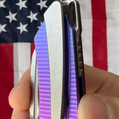 MachineWise Mojave 3.45" Frame Lock – Purple/Blue, Grenade Pattern, S90V 61.9 HRC – Serial 1324 – Made in USA