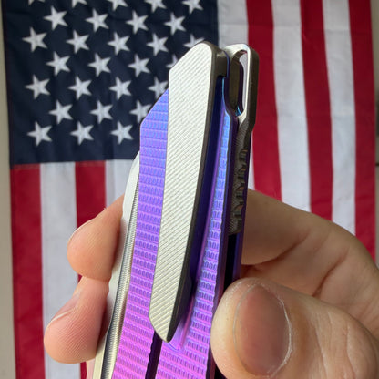 MachineWise Mojave 3.45" Frame Lock – Purple/Blue, Grenade Pattern, S90V 61.9 HRC – Serial 1324 – Made in USA