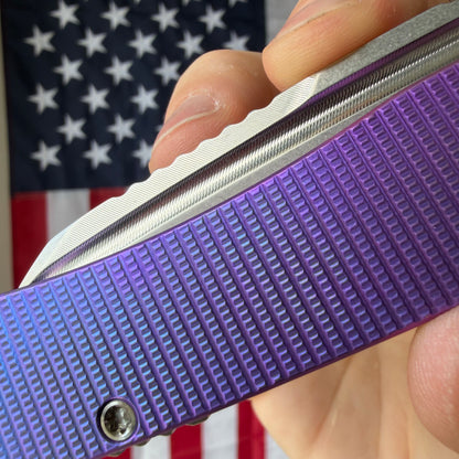 MachineWise Mojave 3.45" Frame Lock – Purple/Blue, Grenade Pattern, S90V 61.9 HRC – Serial 1324 – Made in USA