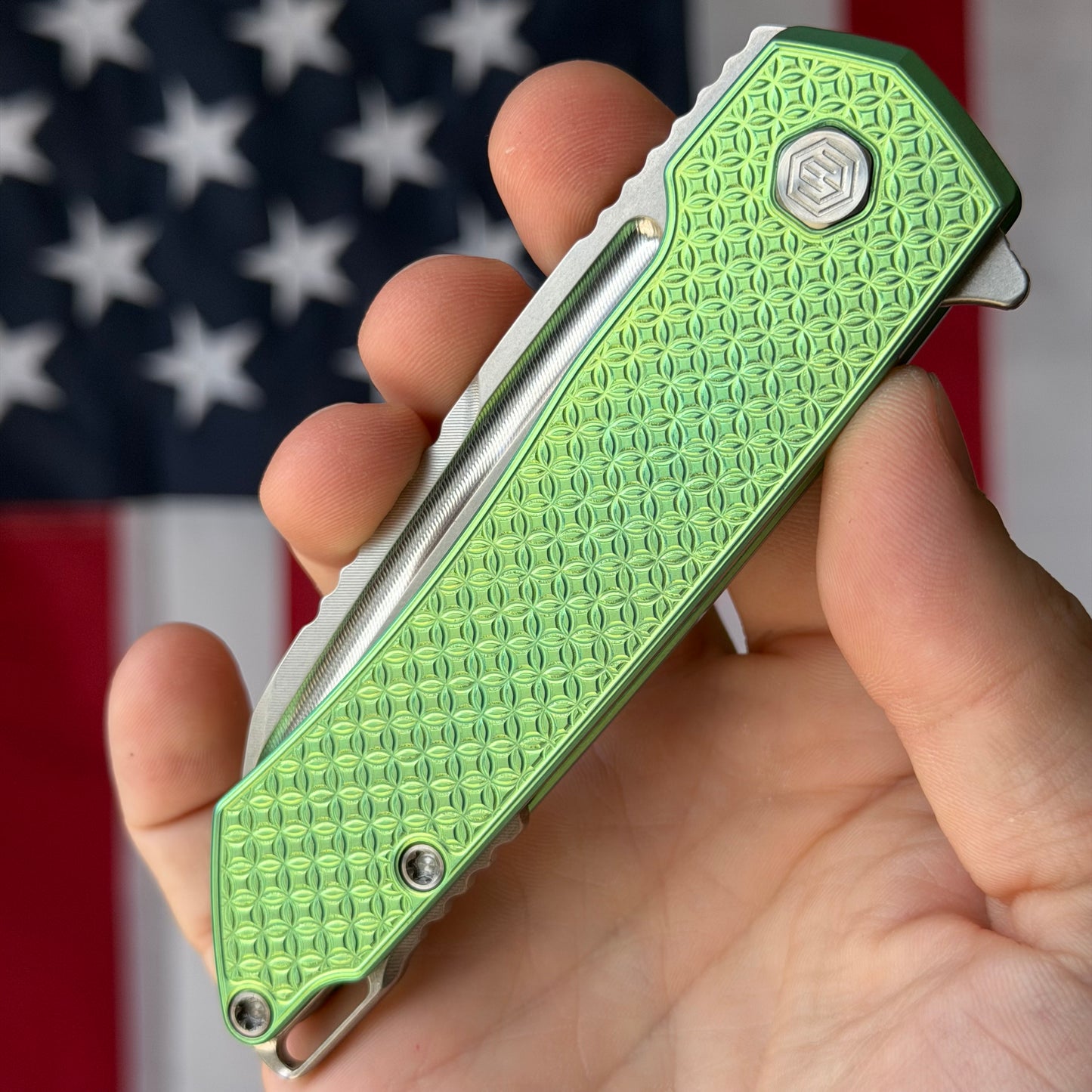 MachineWise Mojave 3.45" Frame Lock – Lime Green, Stars Pattern, S90V 61.4 HRC – Serial 1304 – Made in USA