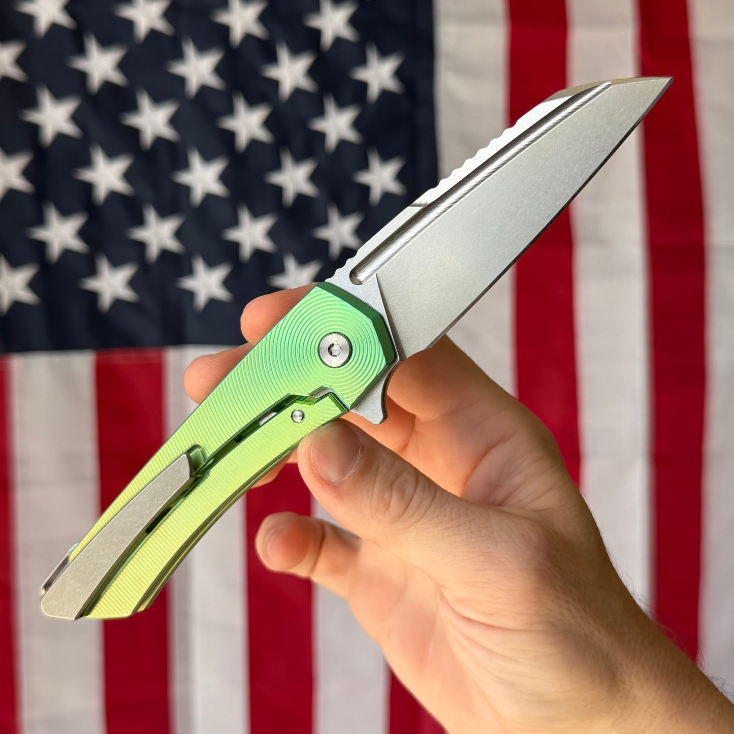 MachineWise Mojave 3.45" Frame Lock – Lime Green, Epicenter Pattern, S90V 62.8 HRC – Serial 1317 – Made in USA