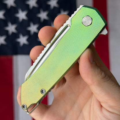MachineWise Mojave 3.45" Frame Lock – Lime Green, Epicenter Pattern, S90V 62.8 HRC – Serial 1317 – Made in USA