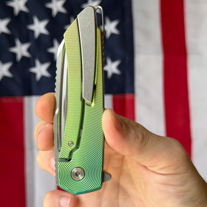MachineWise Mojave 3.45" Frame Lock – Lime Green, Epicenter Pattern, S90V 62.8 HRC – Serial 1317 – Made in USA